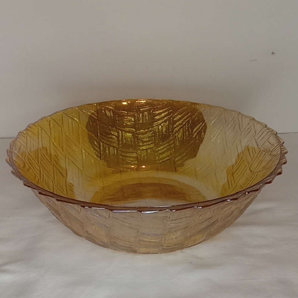 Vintage Marigold Carnival Glass Basket Weave Bowl
